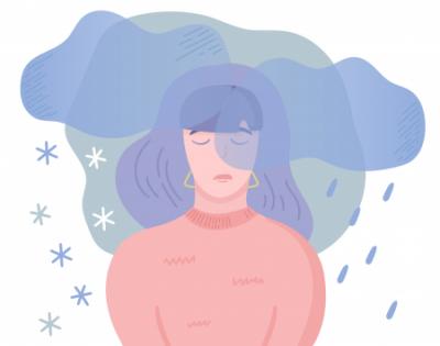 A girl surrounded by bad weather with a sad expression